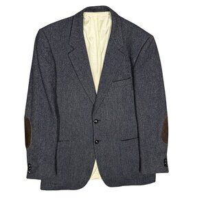 Vintage Tweed Sport Coat 100% Wool Blazer Elbow Patches Twill Weave Blue 42R